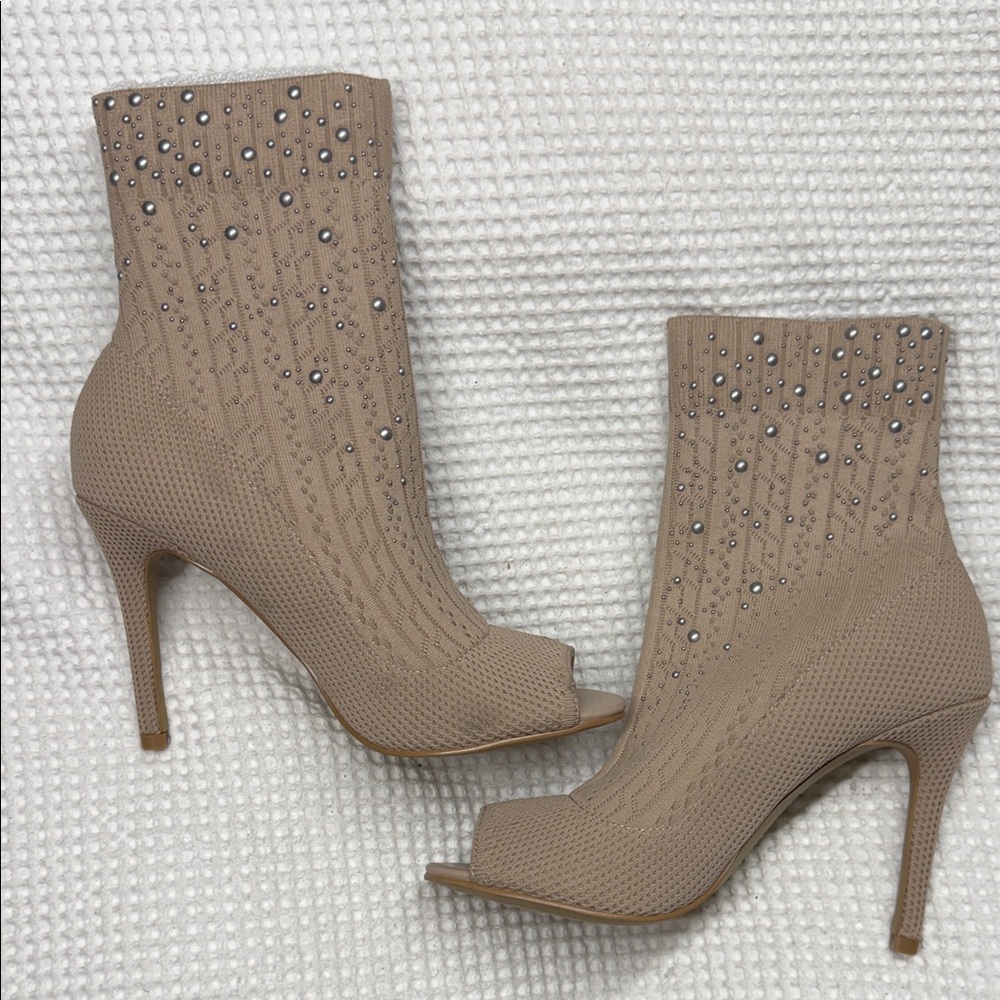 Charles by Charles David Beige Rhinestone Embellished Peep-Toe Ankle Boots - 6.5